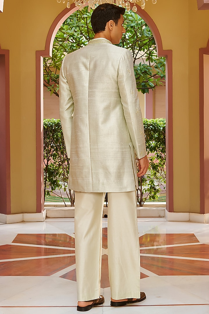 Sage Green Pure Raw Silk Embroidered Jacket Set by Contrast By Parth at Pernia's Pop Up Shop