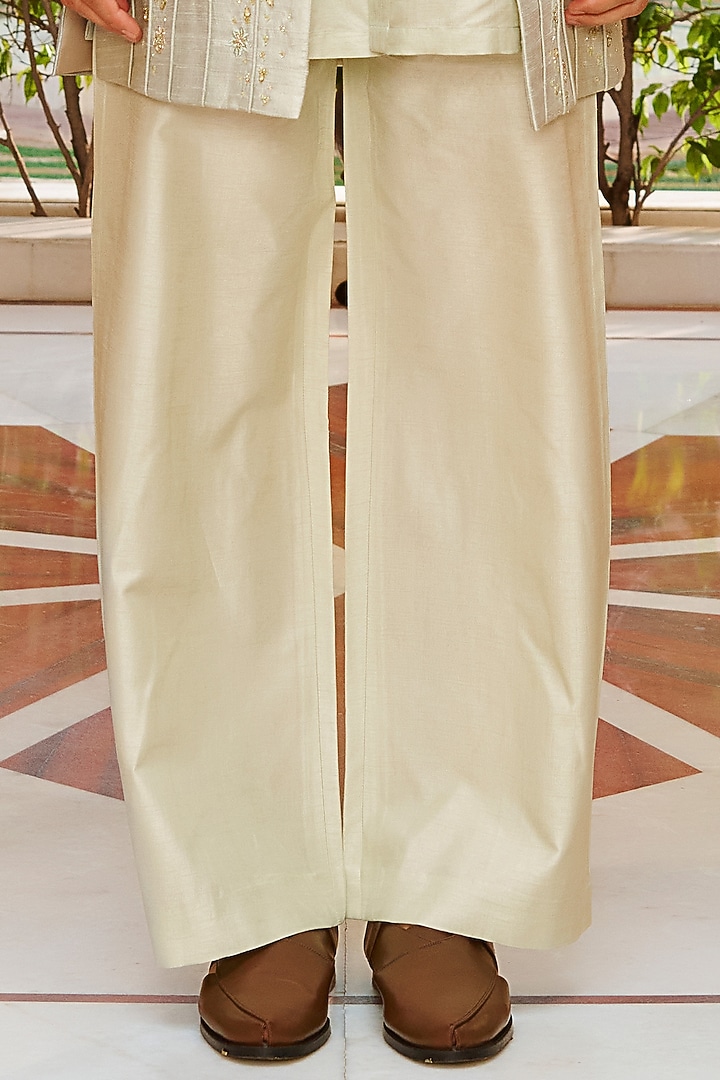Sage Green Pure Raw Silk Embroidered Jacket Set by Contrast By Parth at Pernia's Pop Up Shop