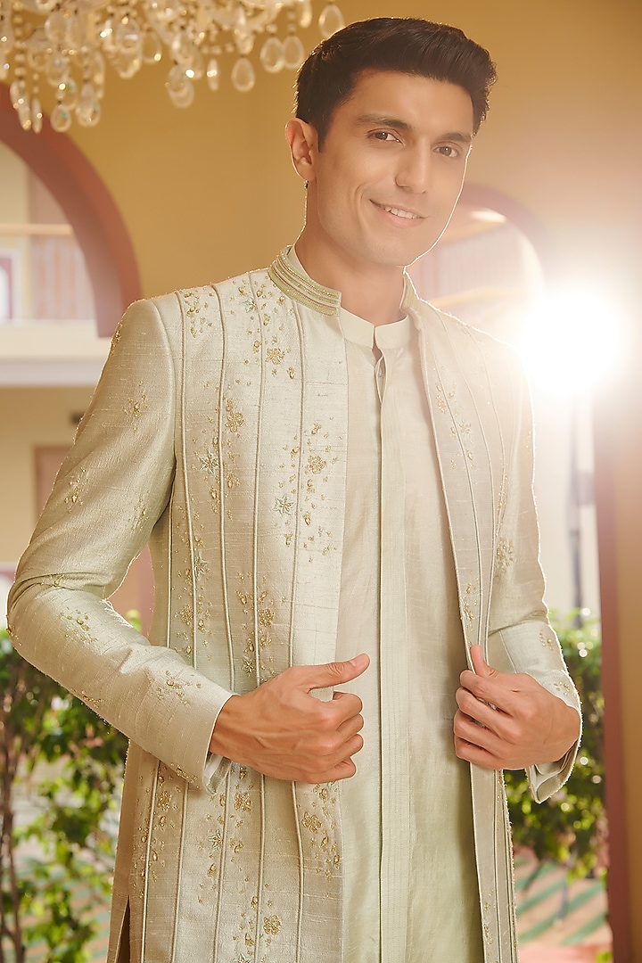 Sage Green Pure Raw Silk Embroidered Jacket Set by Contrast By Parth at Pernia's Pop Up Shop
