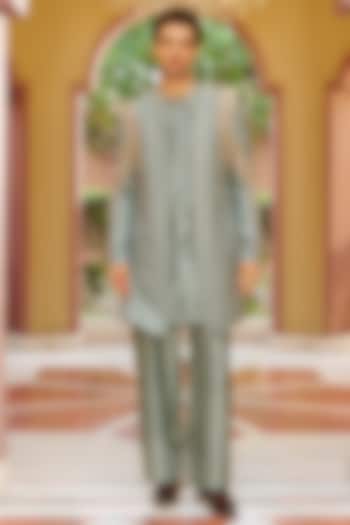 Muted Sage Green Jacquard Silk Embroidered Jacket Set by Contrast By Parth