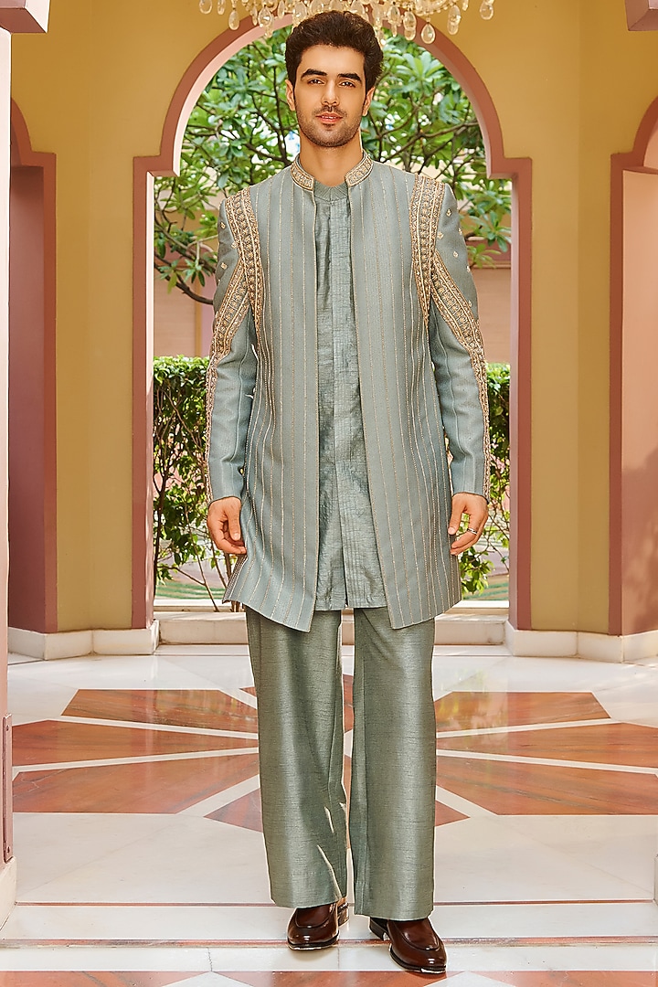 Muted Sage Green Jacquard Silk Embroidered Jacket Set by Contrast By Parth
