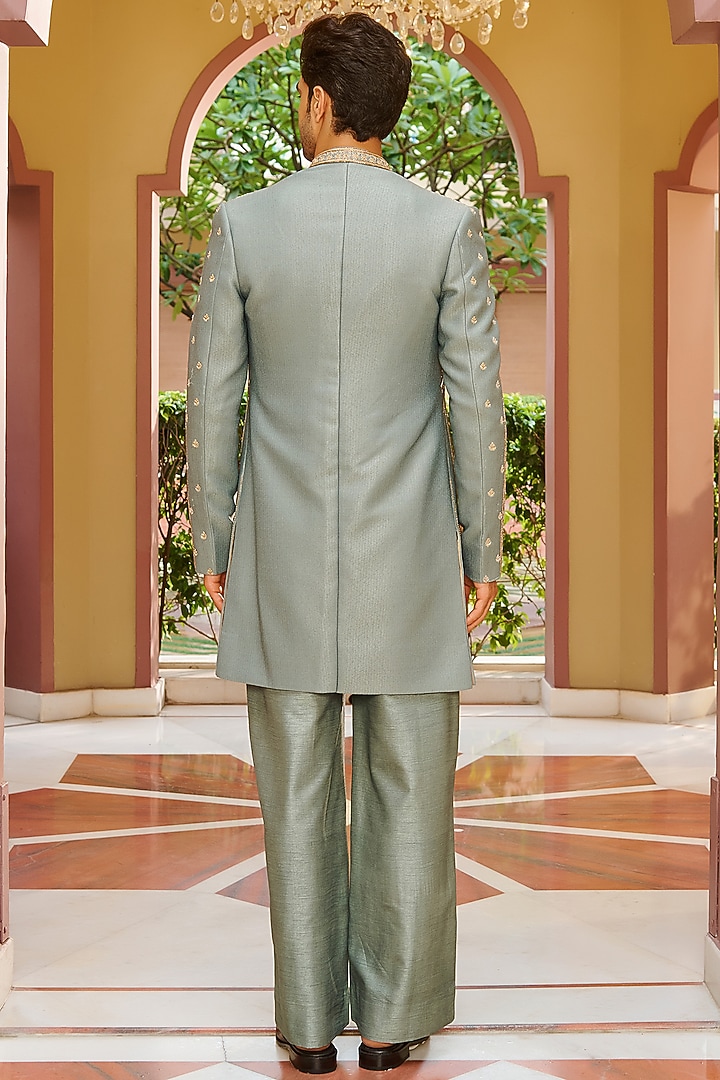 Muted Sage Green Jacquard Silk Embroidered Jacket Set by Contrast By Parth at Pernia's Pop Up Shop