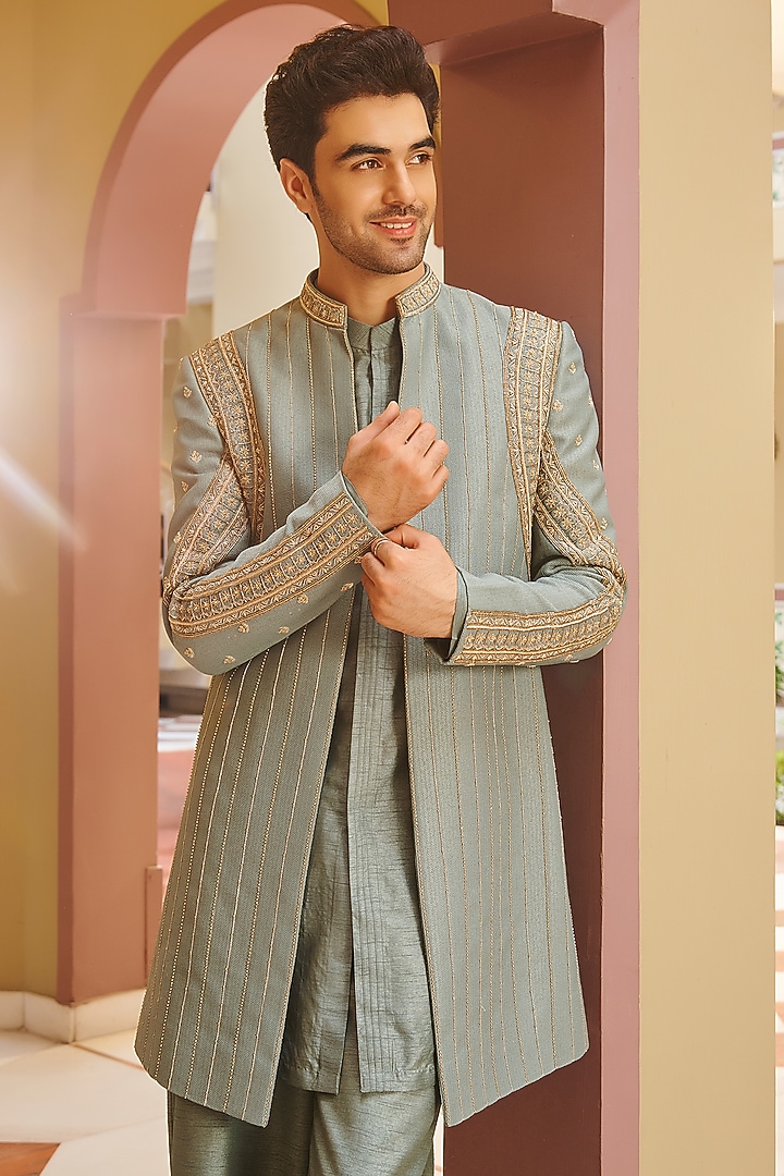 Muted Sage Green Jacquard Silk Embroidered Jacket Set by Contrast By Parth at Pernia's Pop Up Shop