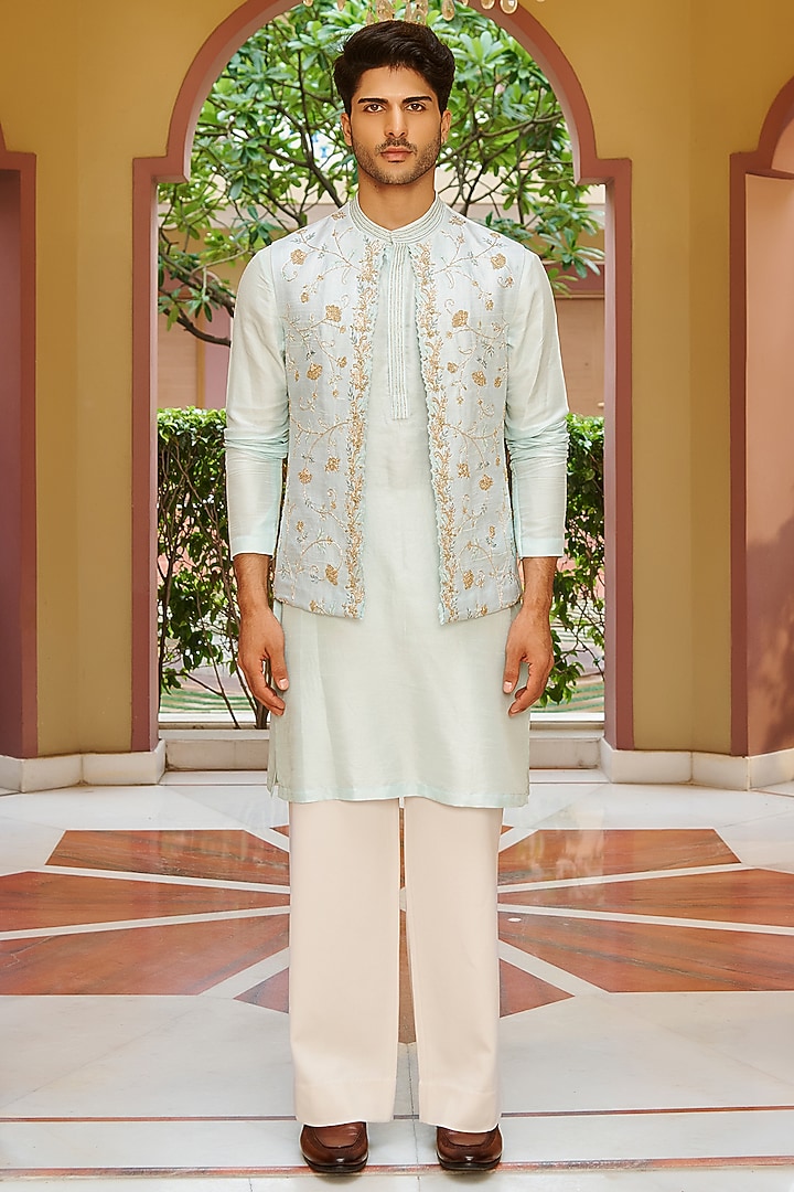 Powder Blue Pure Raw Silk Embroidered Nehru Jacket Set by Contrast By Parth