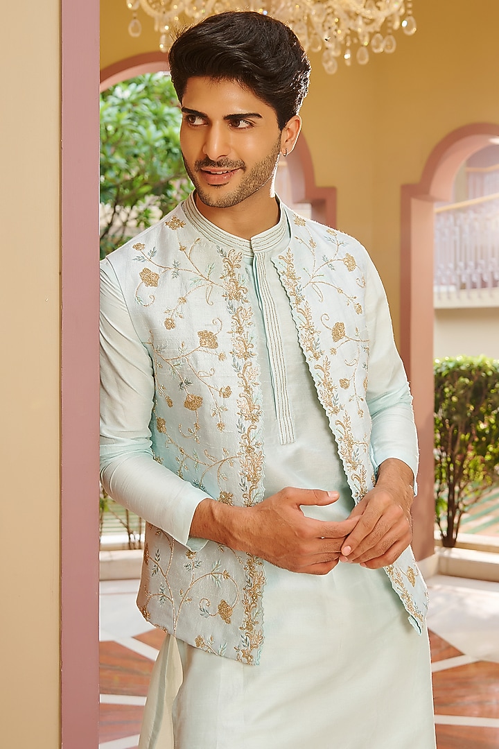 Powder Blue Pure Raw Silk Embroidered Nehru Jacket Set by Contrast By Parth at Pernia's Pop Up Shop