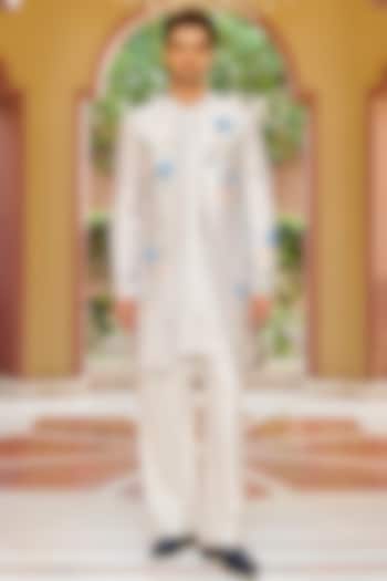 Silver White Pure Spun Silk Embroidered Open Jacket Set by Contrast By Parth