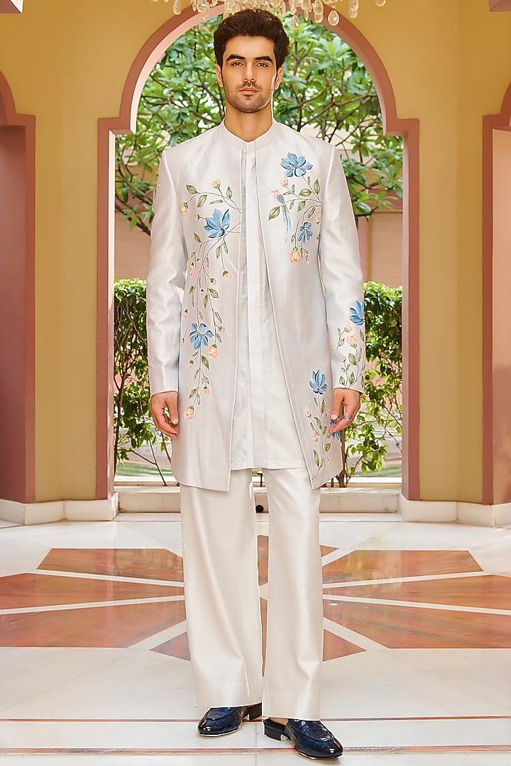 Silver White Pure Spun Silk Embroidered Open Jacket Set by Contrast By Parth