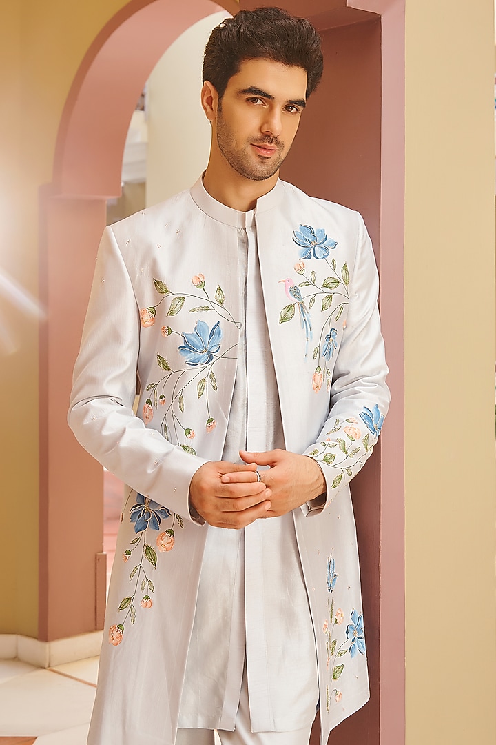 Silver White Pure Spun Silk Embroidered Open Jacket Set by Contrast By Parth at Pernia's Pop Up Shop