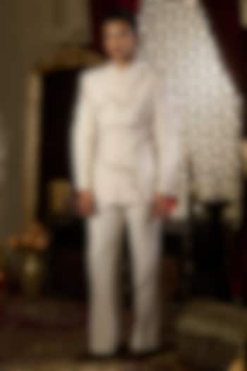 Ivory Twill Lycra Suiting Thread Embroidered Wedding Bandhgala Set by Contrast By Parth at Pernia's Pop Up Shop