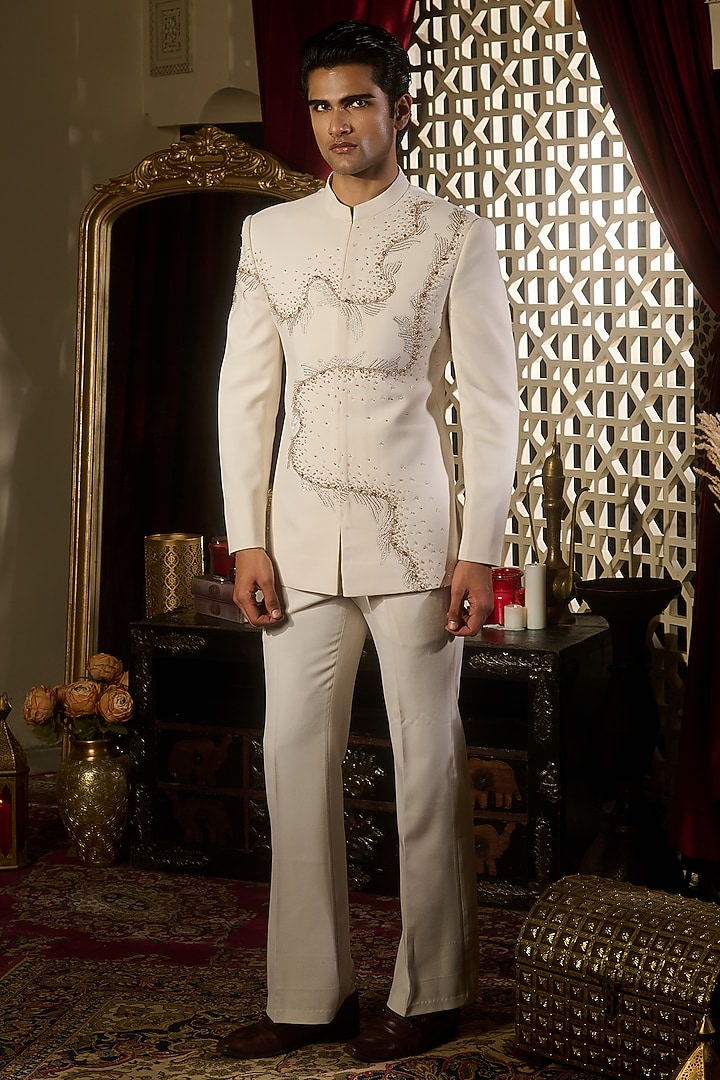 Ivory Twill Lycra Suiting Thread Embroidered Wedding Bandhgala Set by Contrast By Parth at Pernia's Pop Up Shop