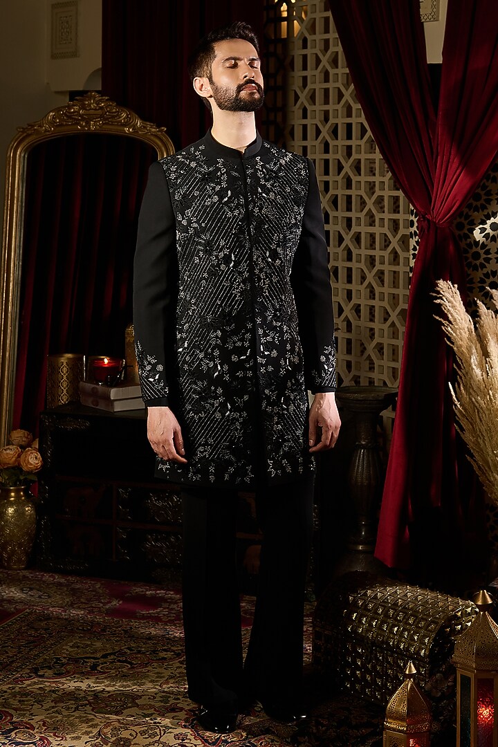 Black Lycra Suiting Sequins Embroidered Wedding Sherwani Set by Contrast By Parth at Pernia's Pop Up Shop