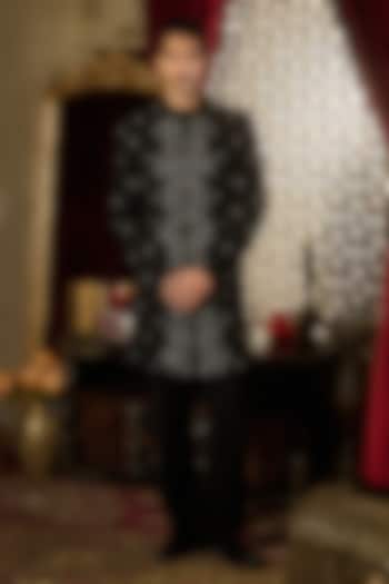 Black Lycra Suiting Thread Embroidered Wedding Sherwani Set by Contrast By Parth at Pernia's Pop Up Shop
