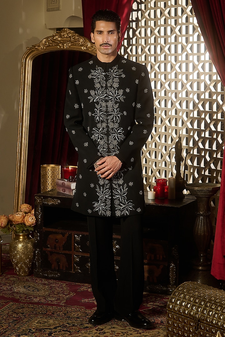 Black Lycra Suiting Thread Embroidered Wedding Sherwani Set by Contrast By Parth at Pernia's Pop Up Shop