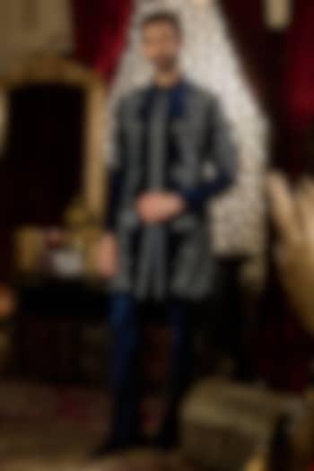 Midnight Navy Velvet Thread Embroidered Groom Sherwani Set by Contrast By Parth at Pernia's Pop Up Shop