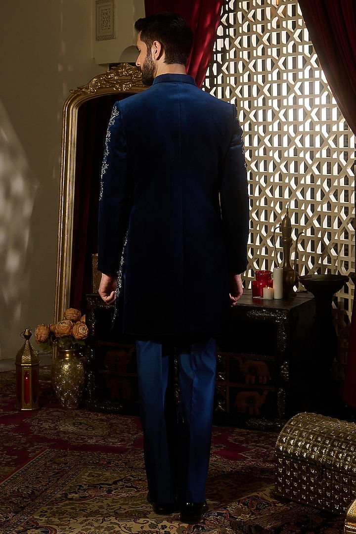 Midnight Navy Velvet Thread Embroidered Groom Sherwani Set by Contrast By Parth at Pernia's Pop Up Shop