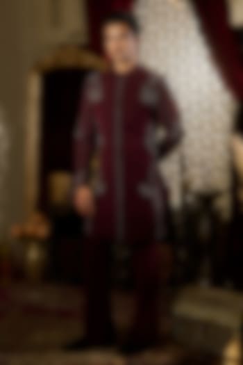 Burgundy Lycra Suiting Crystal Embroidered Wedding Sherwani Set by Contrast By Parth at Pernia's Pop Up Shop