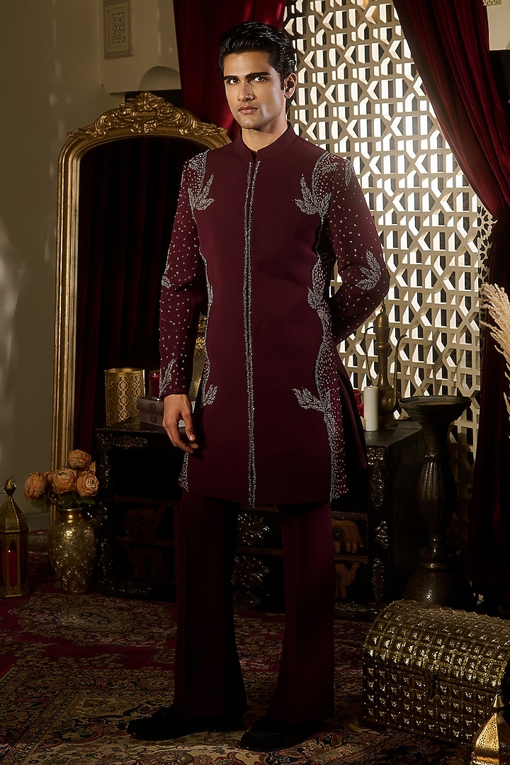 Burgundy Lycra Suiting Crystal Embroidered Wedding Sherwani Set by Contrast By Parth at Pernia's Pop Up Shop
