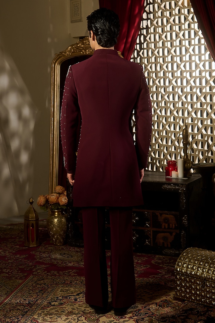 Burgundy Lycra Suiting Crystal Embroidered Wedding Sherwani Set by Contrast By Parth at Pernia's Pop Up Shop