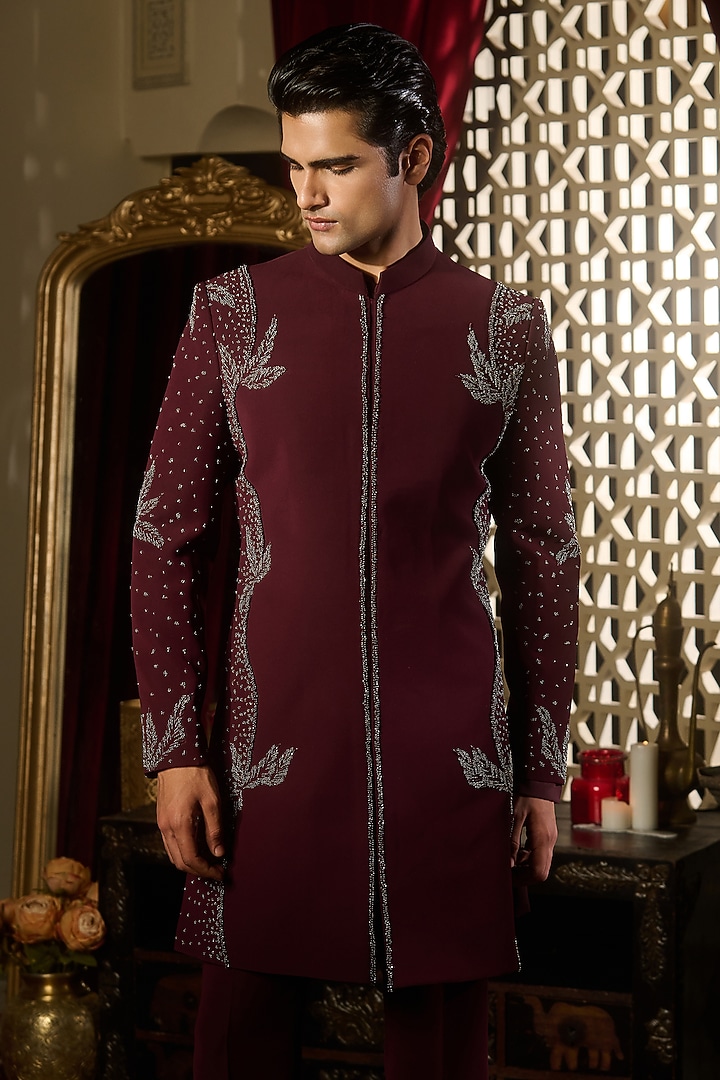 Burgundy Lycra Suiting Crystal Embroidered Wedding Sherwani Set by Contrast By Parth at Pernia's Pop Up Shop