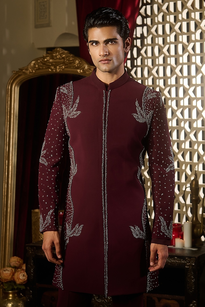 Burgundy Lycra Suiting Crystal Embroidered Wedding Sherwani Set by Contrast By Parth at Pernia's Pop Up Shop