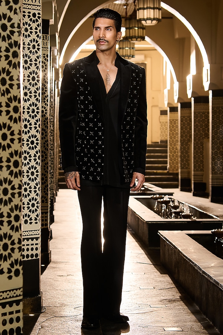 Black Velvet Embroidered Short Jacket Set by Contrast By Parth at Pernia's Pop Up Shop
