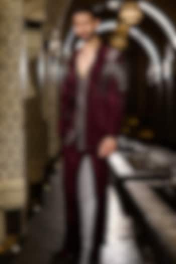 Deep Burgundy Lycra Suiting Embellished Short Jacket Set by Contrast By Parth at Pernia's Pop Up Shop