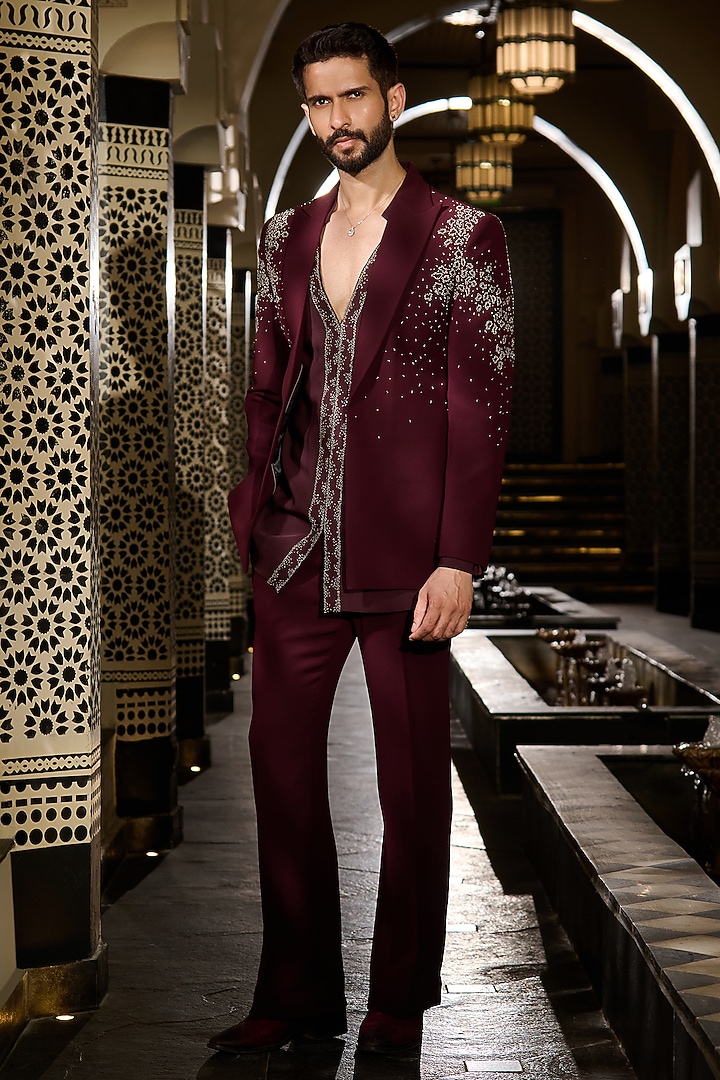 Deep Burgundy Lycra Suiting Embellished Short Jacket Set by Contrast By Parth at Pernia's Pop Up Shop