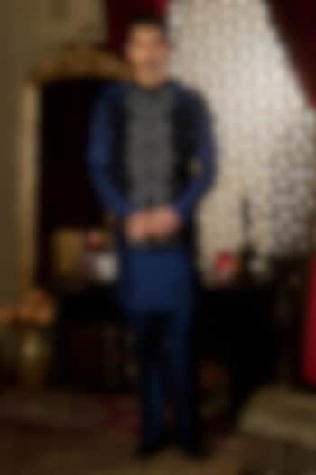 Midnight Navy Velvet Embroidered Nehru Jacket Set by Contrast By Parth at Pernia's Pop Up Shop