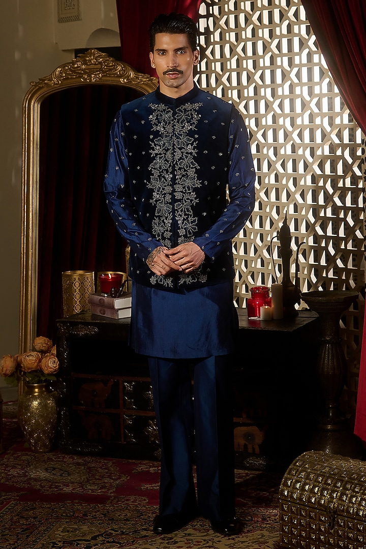 Midnight Navy Velvet Embroidered Nehru Jacket Set by Contrast By Parth at Pernia's Pop Up Shop