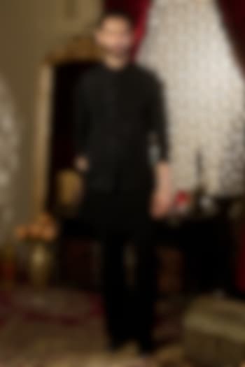 Black Lycra Suiting Thread Embroidered Nehru Jacket Set by Contrast By Parth at Pernia's Pop Up Shop