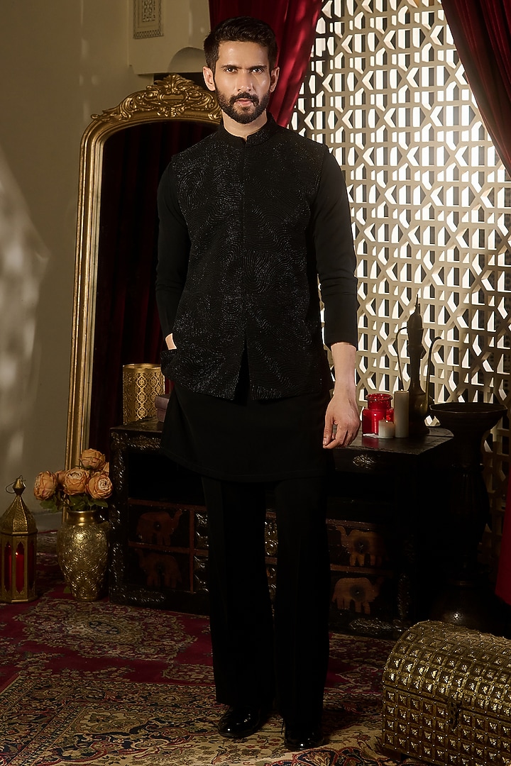 Black Lycra Suiting Thread Embroidered Nehru Jacket Set by Contrast By Parth at Pernia's Pop Up Shop