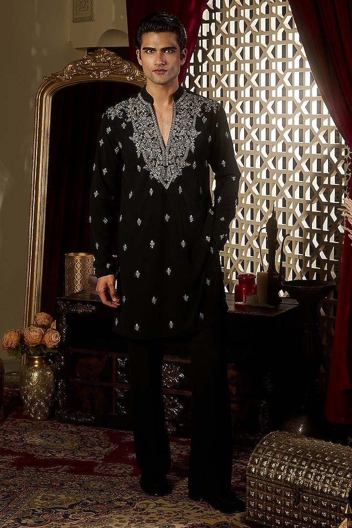 Black Tokyo Silk Floral Embroidered Kurta Set by Contrast By Parth at Pernia's Pop Up Shop