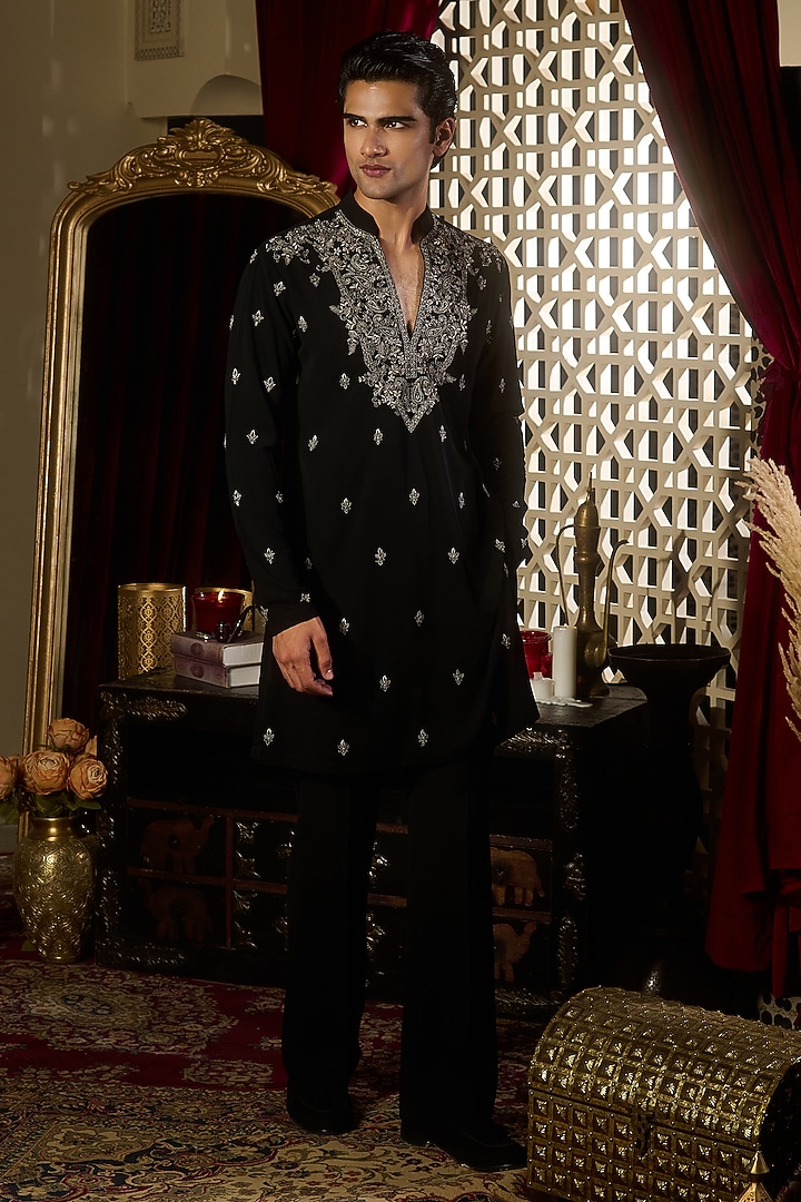 Black Tokyo Silk Floral Embroidered Kurta Set by Contrast By Parth at Pernia's Pop Up Shop