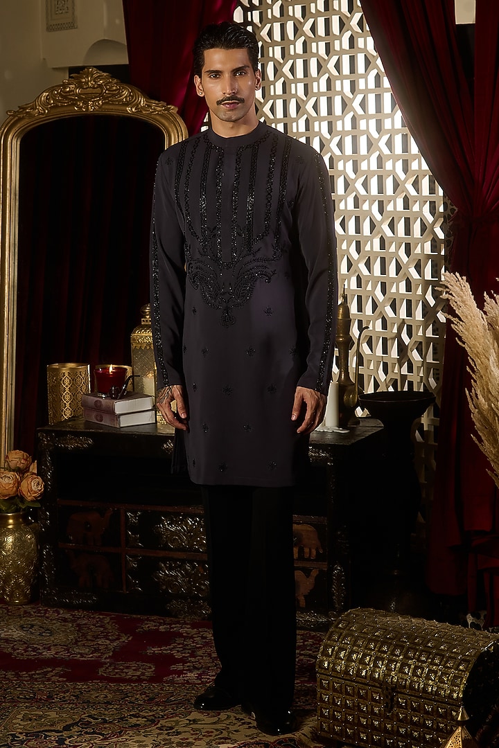 Charcoal Tokyo Silk Embroidered Kurta Set by Contrast By Parth at Pernia's Pop Up Shop
