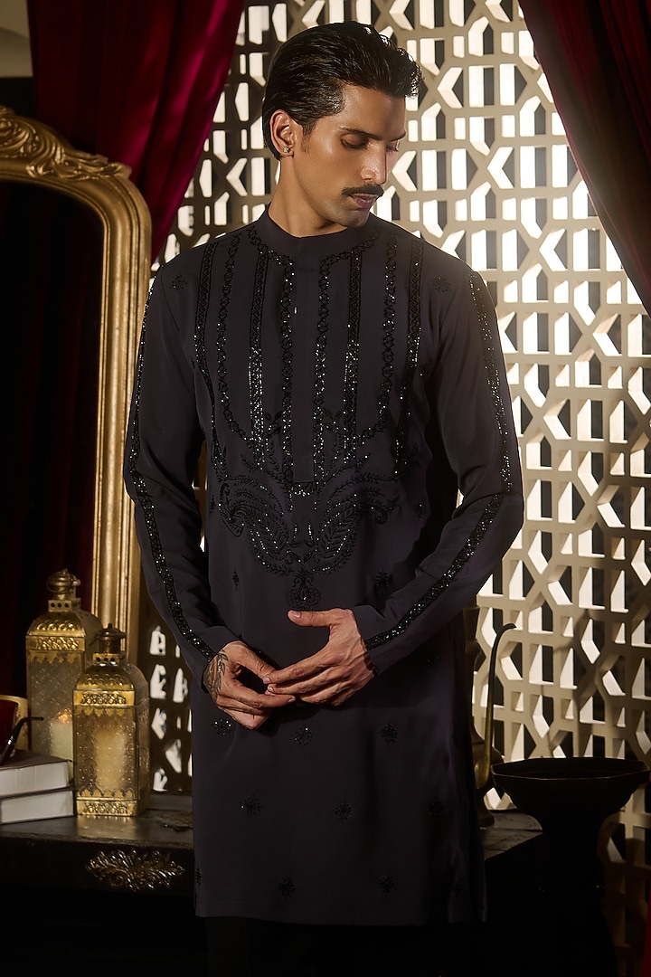 Charcoal Tokyo Silk Embroidered Kurta Set by Contrast By Parth at Pernia's Pop Up Shop