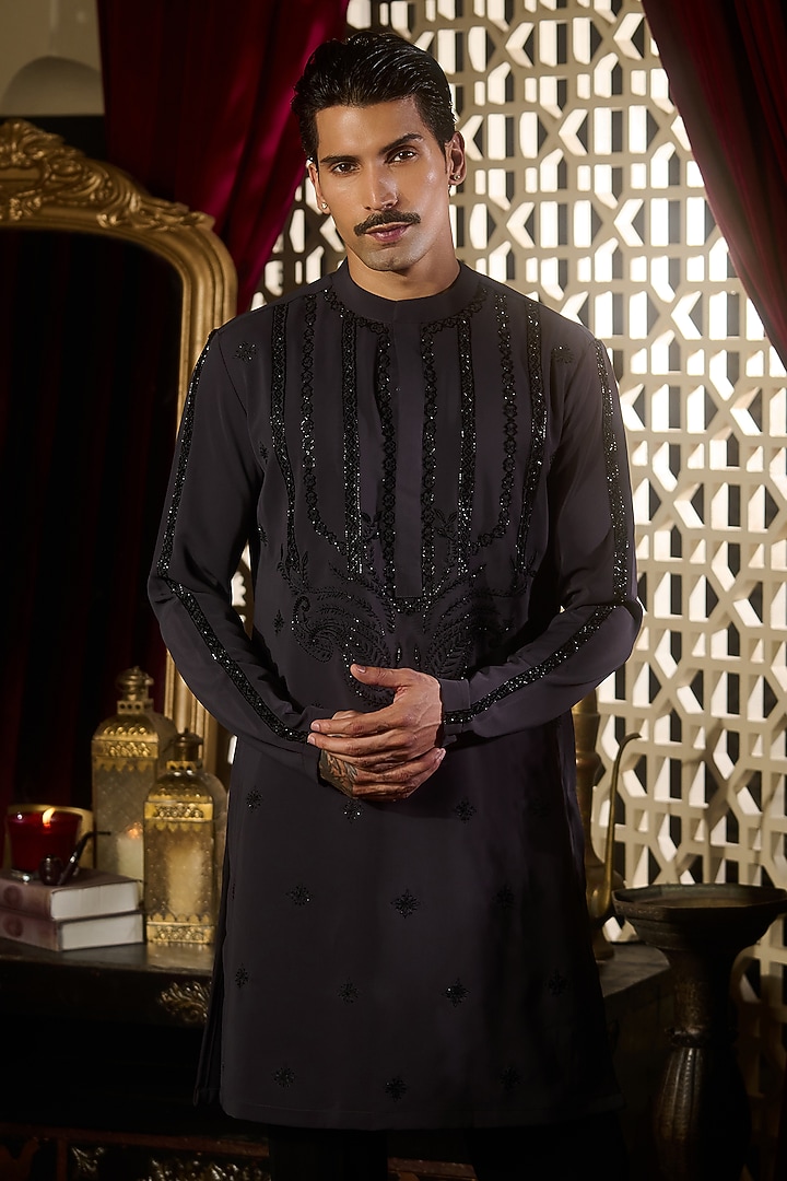 Charcoal Tokyo Silk Embroidered Kurta Set by Contrast By Parth at Pernia's Pop Up Shop