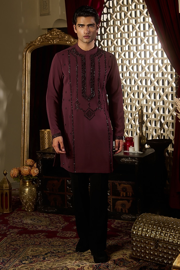 Deep Burgundy Tokyo Silk Embroidered Kurta Set by Contrast By Parth at Pernia's Pop Up Shop