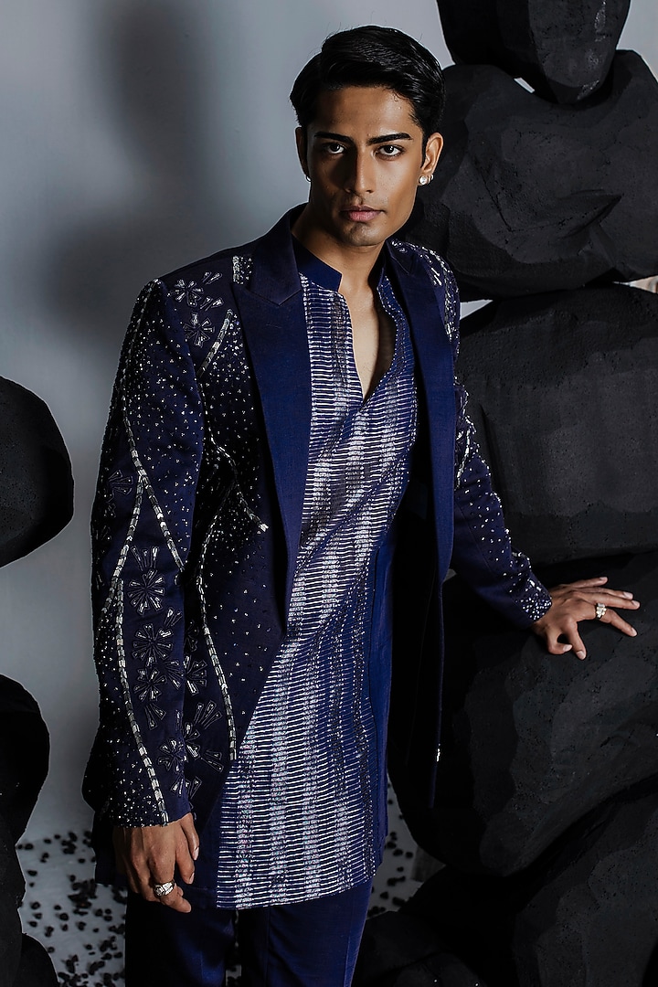 Navy Blue Linen Satin Embellished Wedding Indowestern Set by Contrast By Parth at Pernia's Pop Up Shop