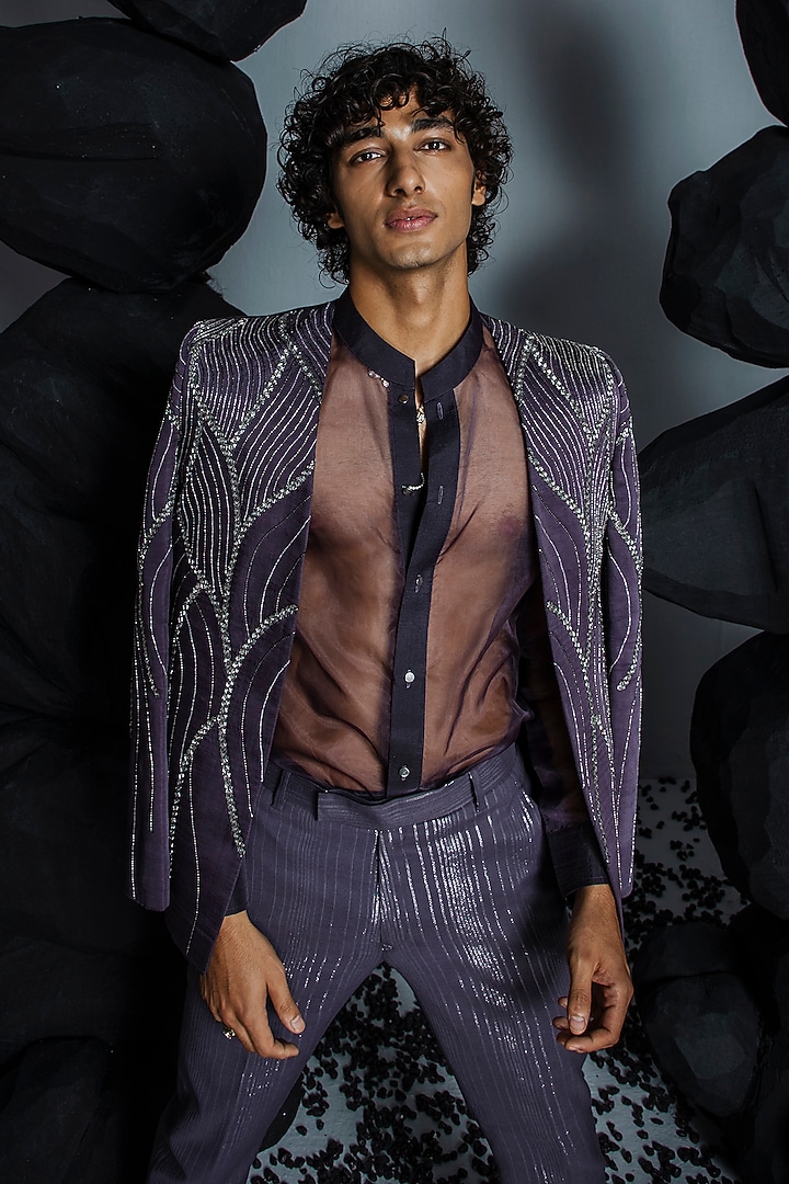 Deep Purple Linen Satin Embellished Jacket Set by Contrast By Parth at Pernia's Pop Up Shop