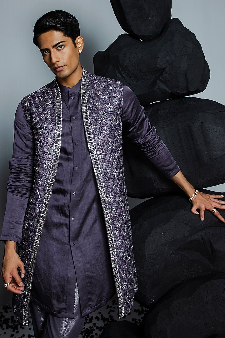 Deep Purple Pure Silk Hand Embroidered Wedding Indowestern Set by Contrast By Parth at Pernia's Pop Up Shop
