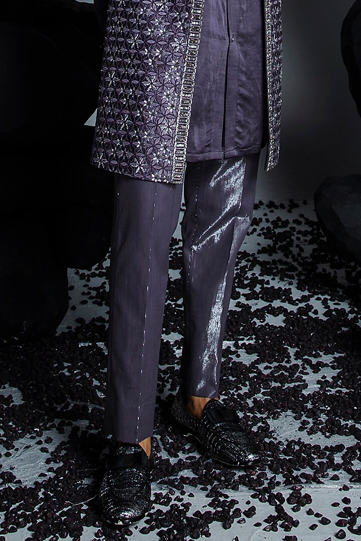 Deep Purple Pure Silk Hand Embroidered Wedding Indowestern Set by Contrast By Parth at Pernia's Pop Up Shop