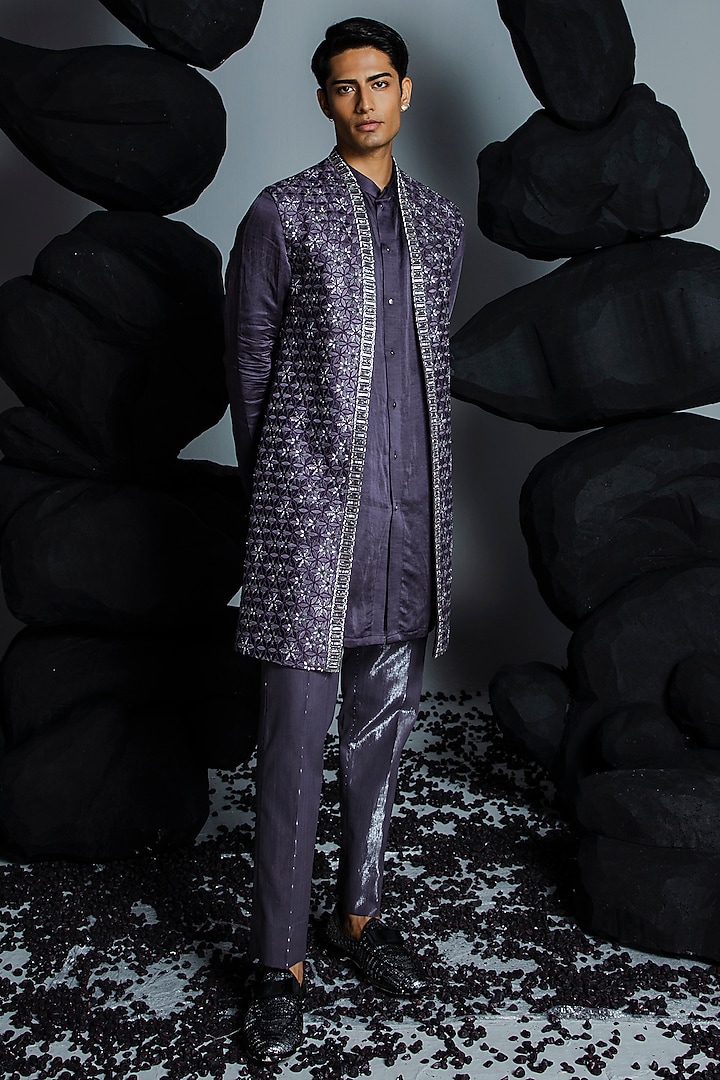 Deep Purple Pure Silk Hand Embroidered Wedding Indowestern Set by Contrast By Parth at Pernia's Pop Up Shop