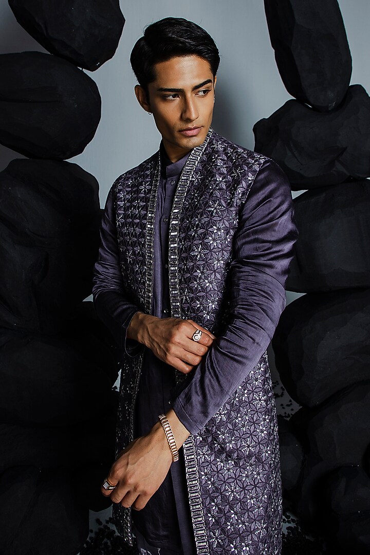 Deep Purple Pure Silk Hand Embroidered Wedding Indowestern Set by Contrast By Parth at Pernia's Pop Up Shop