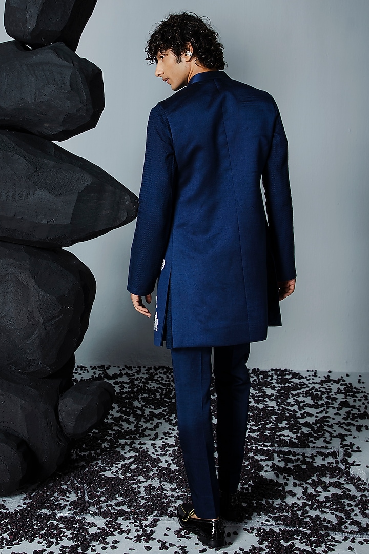Navy Blue Pure Silk Handpainted Wedding Indowestern Set by Contrast By Parth at Pernia's Pop Up Shop
