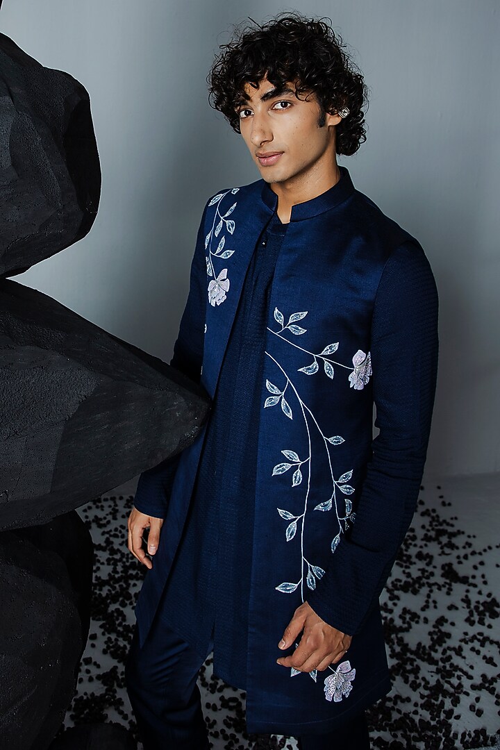 Navy Blue Pure Silk Handpainted Wedding Indowestern Set by Contrast By Parth at Pernia's Pop Up Shop