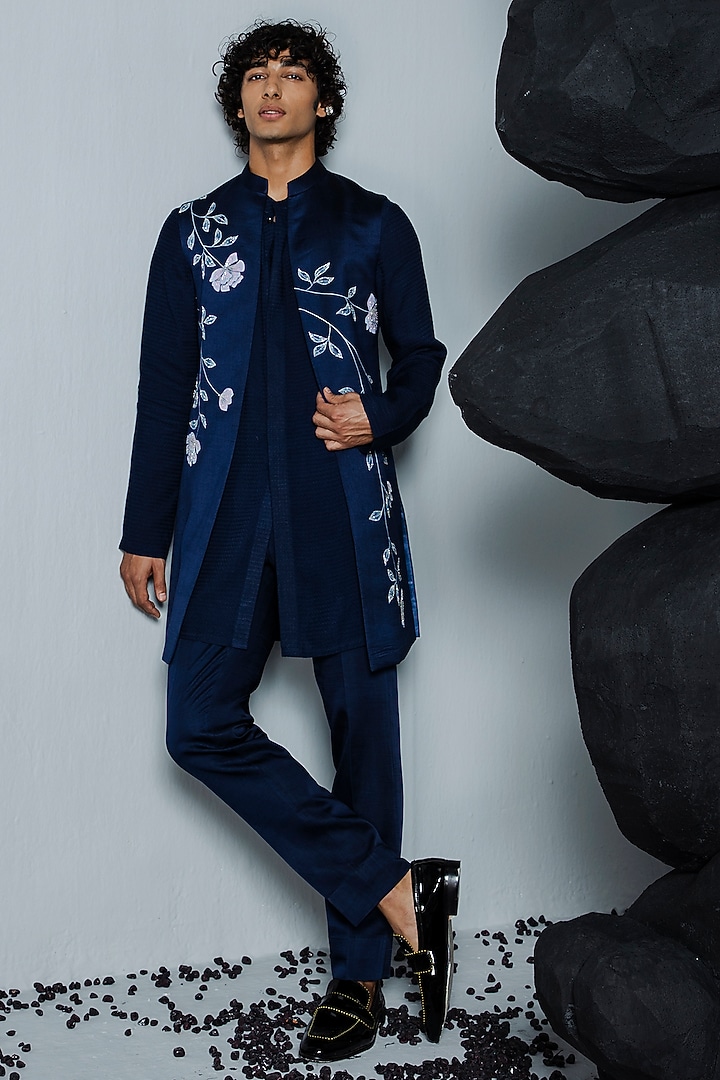 Navy Blue Pure Silk Handpainted Wedding Indowestern Set by Contrast By Parth at Pernia's Pop Up Shop