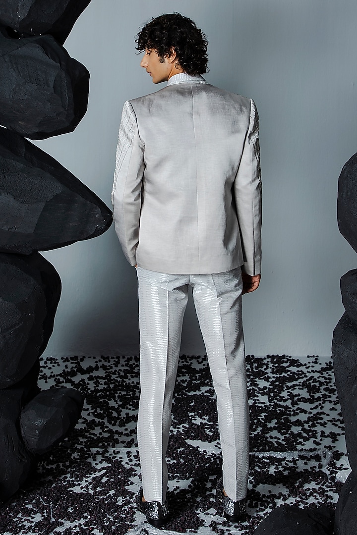 Grey Linen Silk Embroidered Wedding Indowestern Set by Contrast By Parth at Pernia's Pop Up Shop