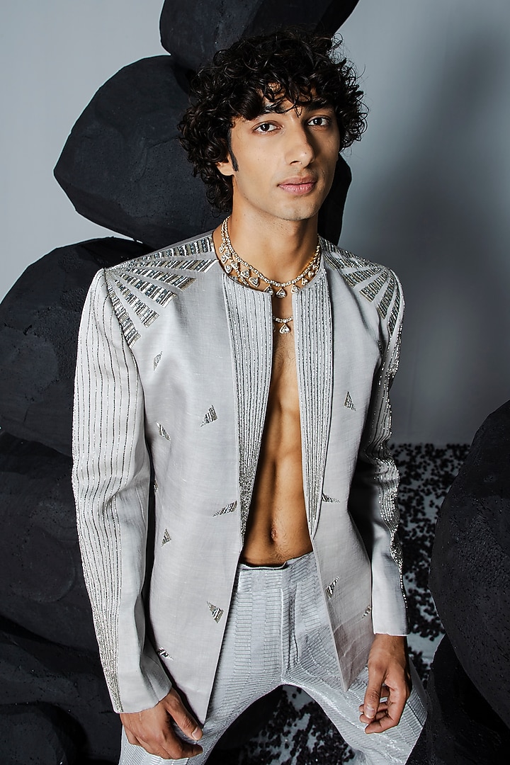 Grey Linen Silk Embroidered Wedding Indowestern Set by Contrast By Parth at Pernia's Pop Up Shop