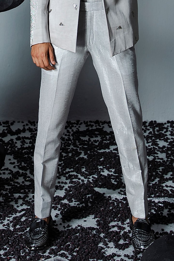 Grey Linen Silk Embroidered Wedding Indowestern Set by Contrast By Parth at Pernia's Pop Up Shop
