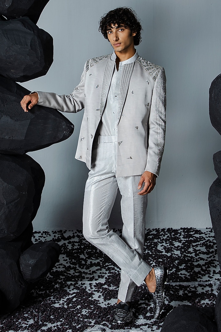 Grey Linen Silk Embroidered Wedding Indowestern Set by Contrast By Parth at Pernia's Pop Up Shop